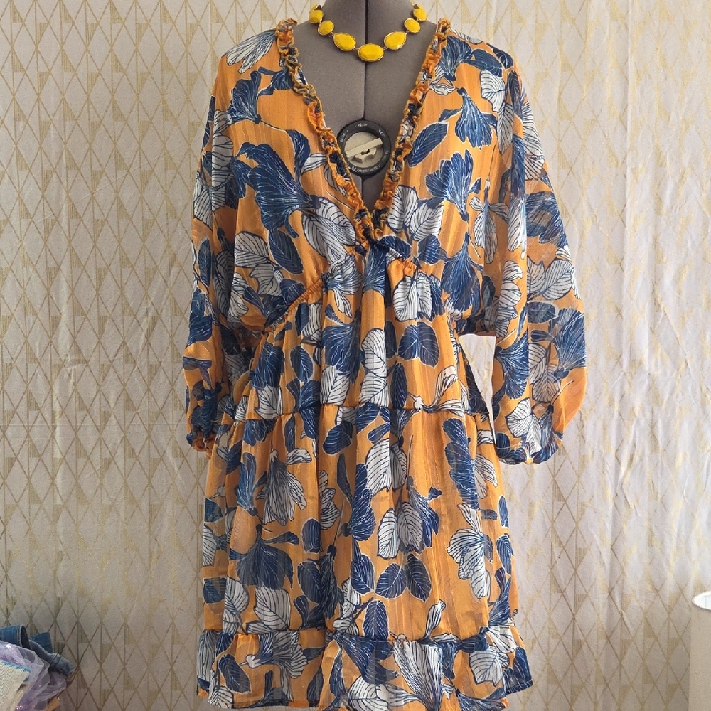 Women's Floral Tiered V-Neck Dress - Mustard Blue